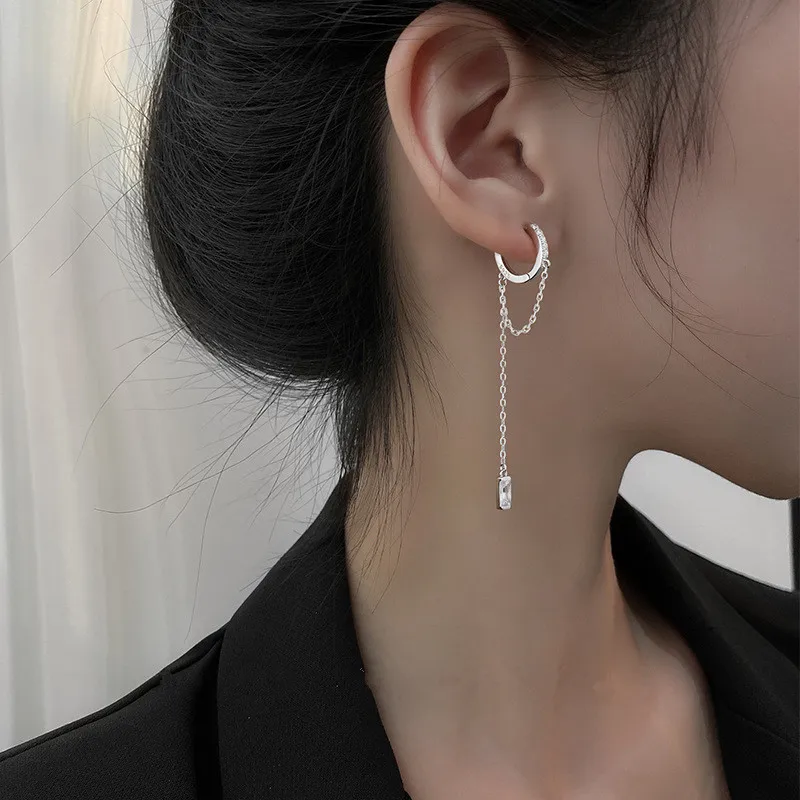 925 Silver Needle Crystal Tassel Chain Stud Earrings For Women Wedding Jewelry Female Pendientes eh1047