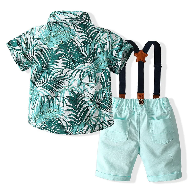 

Style Summer Tropical Kids Beach Party Suits Baby Boys Short-Sleeved Bow Tie Shirts + Suspenders Short Pants Sets For 1-5 Years