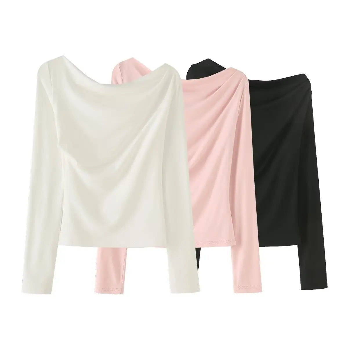 American Retro Screw Collar Single Shoulder Full Sleeve Tee Spring Girl Slim Fit Diagonal Neckline T-shirt Pullover Crop Top