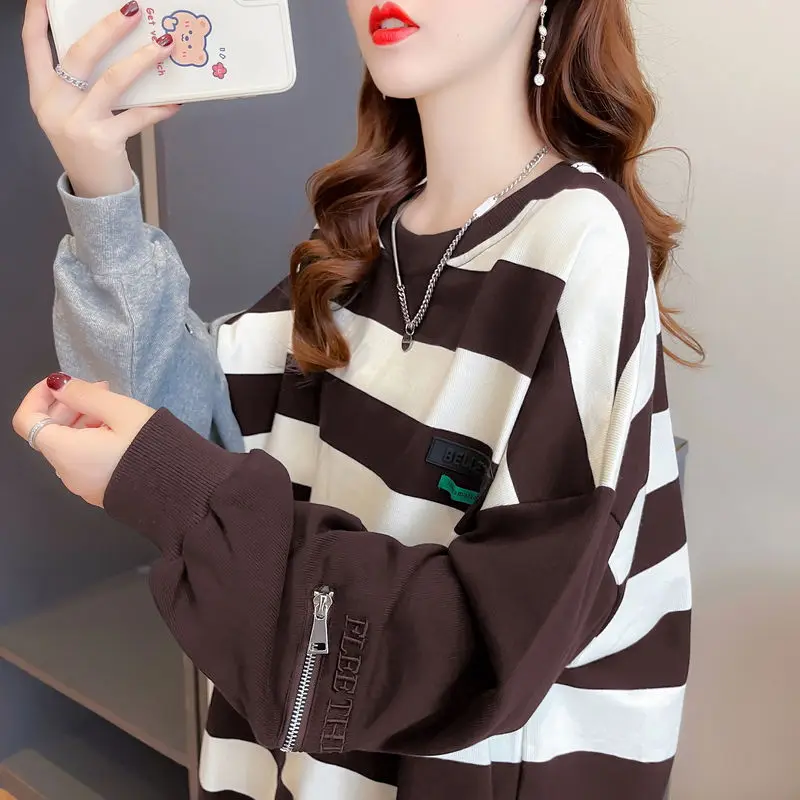 Striped Sweatshirts Pullover Autumn Winter Loose Mid Length Top Long Sleeve Female Casual Korean Patchwork Zipper Loose Top Tee