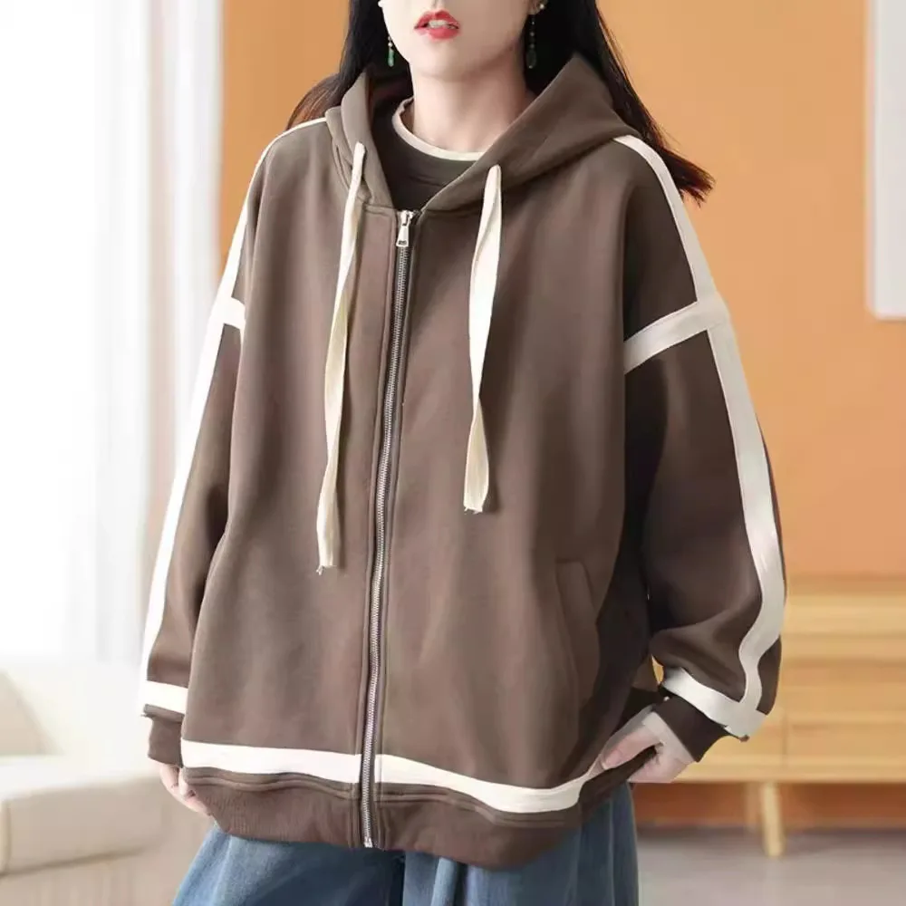 Autumn Fashion Women's Stripe Patchwork Casual Loose Cotton Sweatshirt Female Long Sleeve Comfortable Zipper Pullover Hoodies