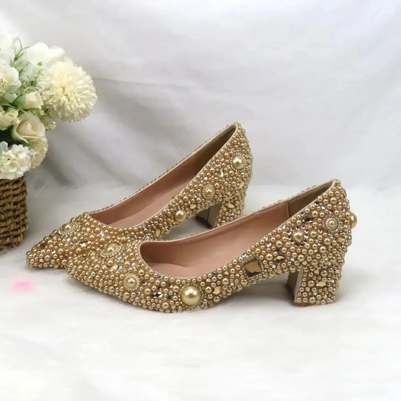 New Arrival Champagne Gold Bridal Wedding Shoes and bag Crystal Women Party Dress Shoes Square Heels Pointed Toe Pumps 8cm High