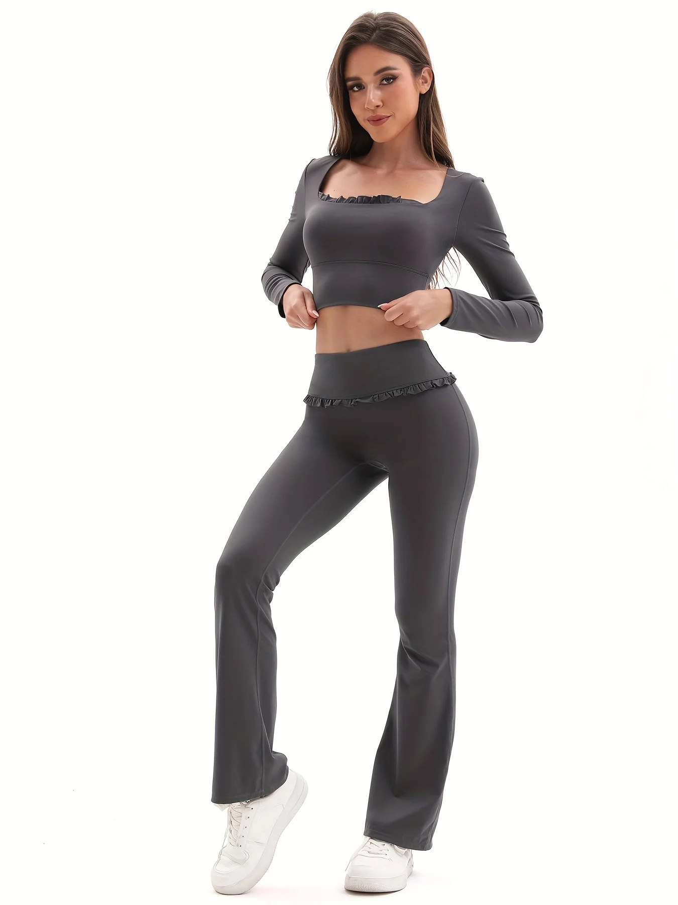 

2pcs Set Long Sleeve Top And Flared Pants High Waist Yoga Outfit Tummy Control Sportswear Stretchy Flowy Activewear