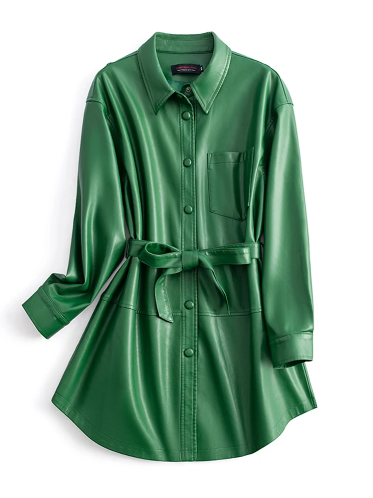 ファッショナブルなシープスキンレザージャケット女性のミッドレングス韓国スレルーズプラスサイズトレンディなウインドブレーカーコート春秋