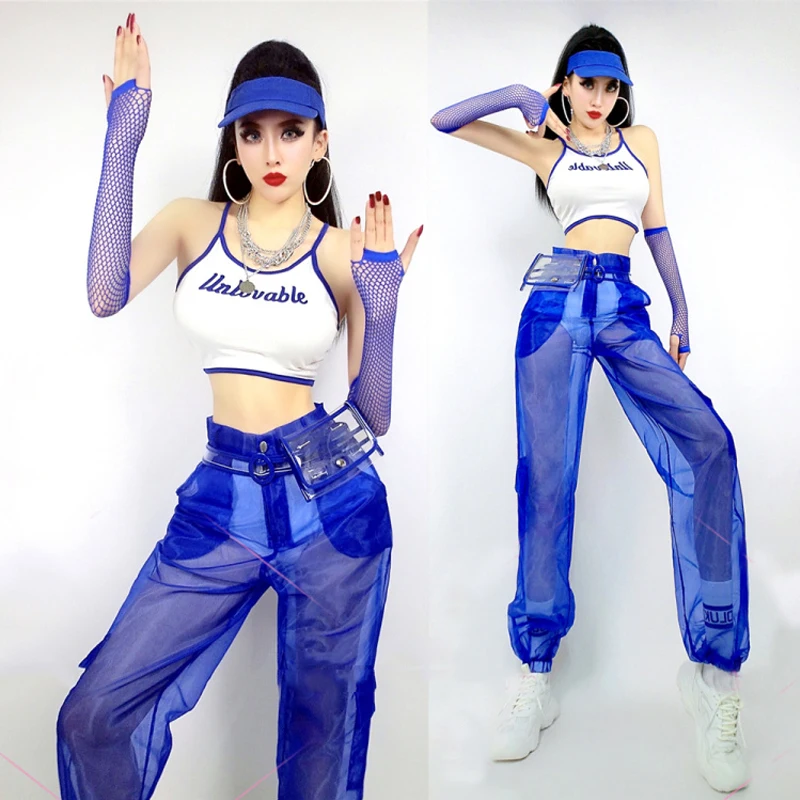 Women Jazz Korean Dance Performance Costumes Vest + High Waist Letter Jeans Suit Hip Hop Street Dance Stage Costumes SL4547