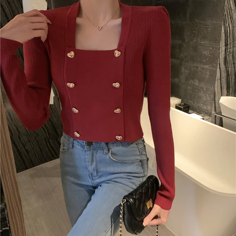 MEXZT White Cropped Sweater Women Black Square Collar Knitted Pullovers Korean Fashion Long Sleeve Knitwear Fall Winter Jumpers