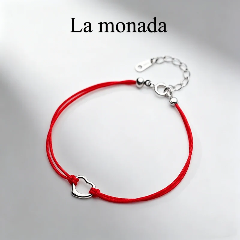 La monada 925 Sterling Silver Hollow Heart Red Rope Bracelet for Women Lucky Red String Bracelet, Dainty Fine Jewelry Gift