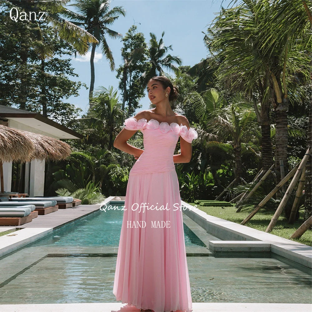 

Qanz Elegant Chiffon Prom Dress Off The Shoulder Evening Dresses Woman For Wedding Party 3D Flowers Vestidos De Fiest Customized