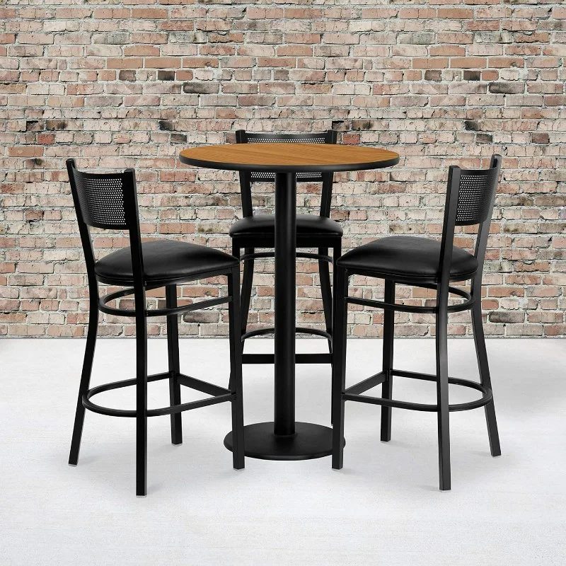 Clark 30'' Round Natural Laminate Table Set with 3 Grid Back Metal Barstools - Black Vinyl Seat