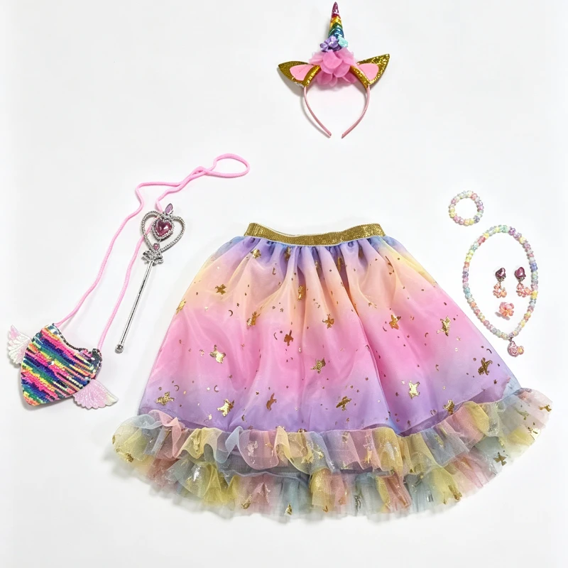 Shimmer Gradient Fantasy Tutu Role Play Kit Girls Ruffled Mesh Skirt Glitter Unicorn Headband Heart Wand Full Jewelry Outfit