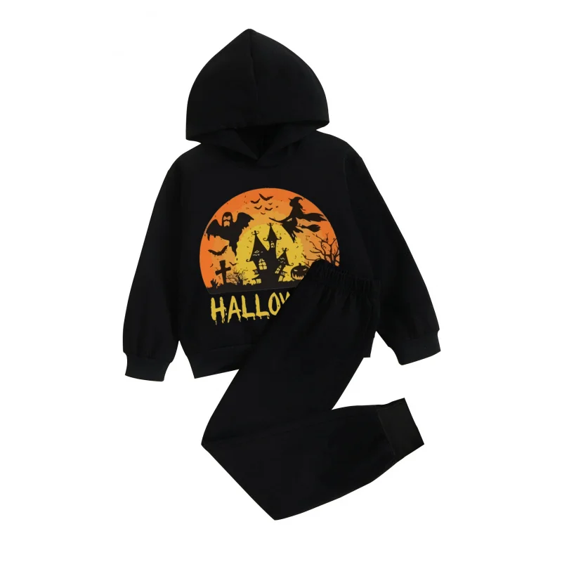 

IURNXB детский комплект одежды из 2 предметов на Хэллоуин для малышей, толстовка с принтом замка призрака, топ + штаны, спортивные костюмы, От 1 до 6 лет, весна-осень
