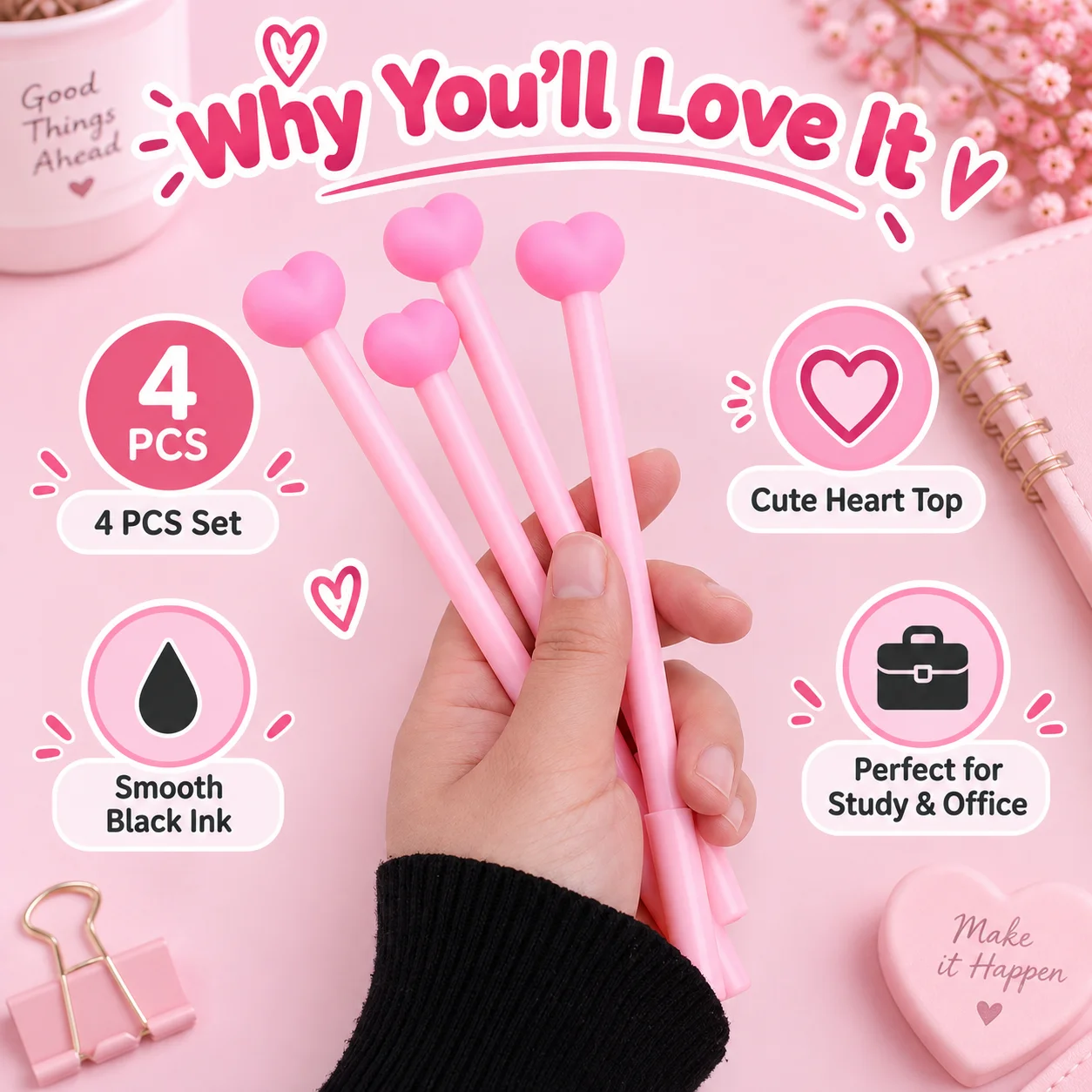 4 Pcs Heart Styling Needle Tip Ballpoint Pen Set,smooth Black Pencil Refill For School Office Back To School Stationery Supplies