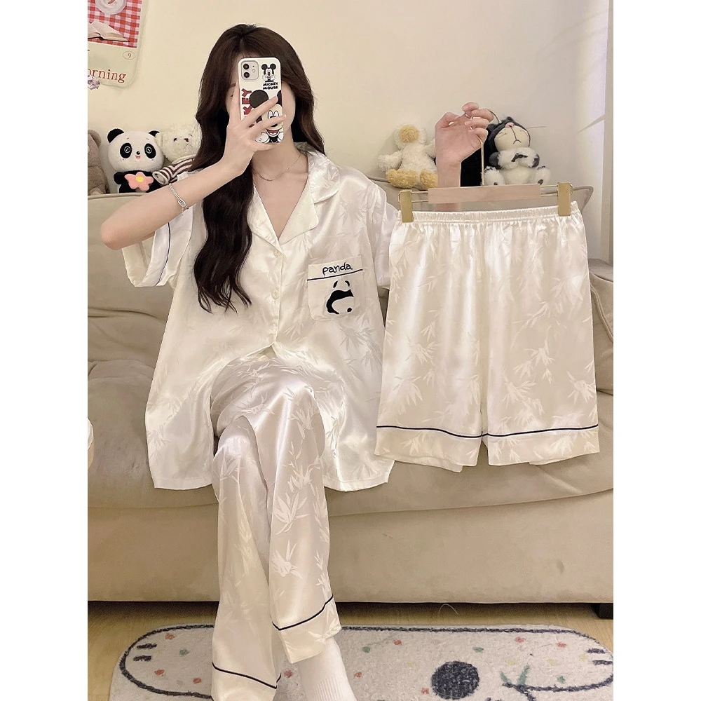 pure-cotton-ice-silk-panda-sleepwear-women's-summer-long-sleeve-short-sleeve-three-piece-set-spring-autumn-comfortable-home-c