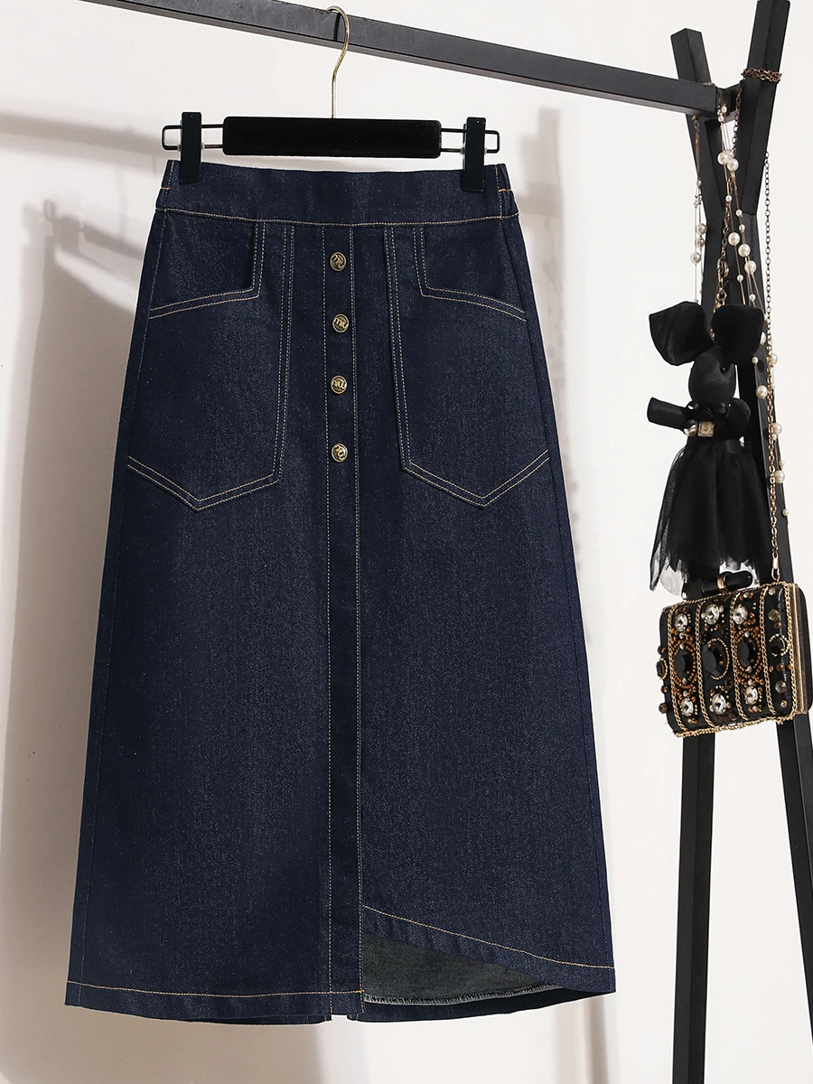 

Весенняя коллекция: джинсовая юбка миди с высокой талией и разрезом, повседневная, эластичная, А-силуэт, в корейском стиле, для офиса и поездок на работу, средней длины