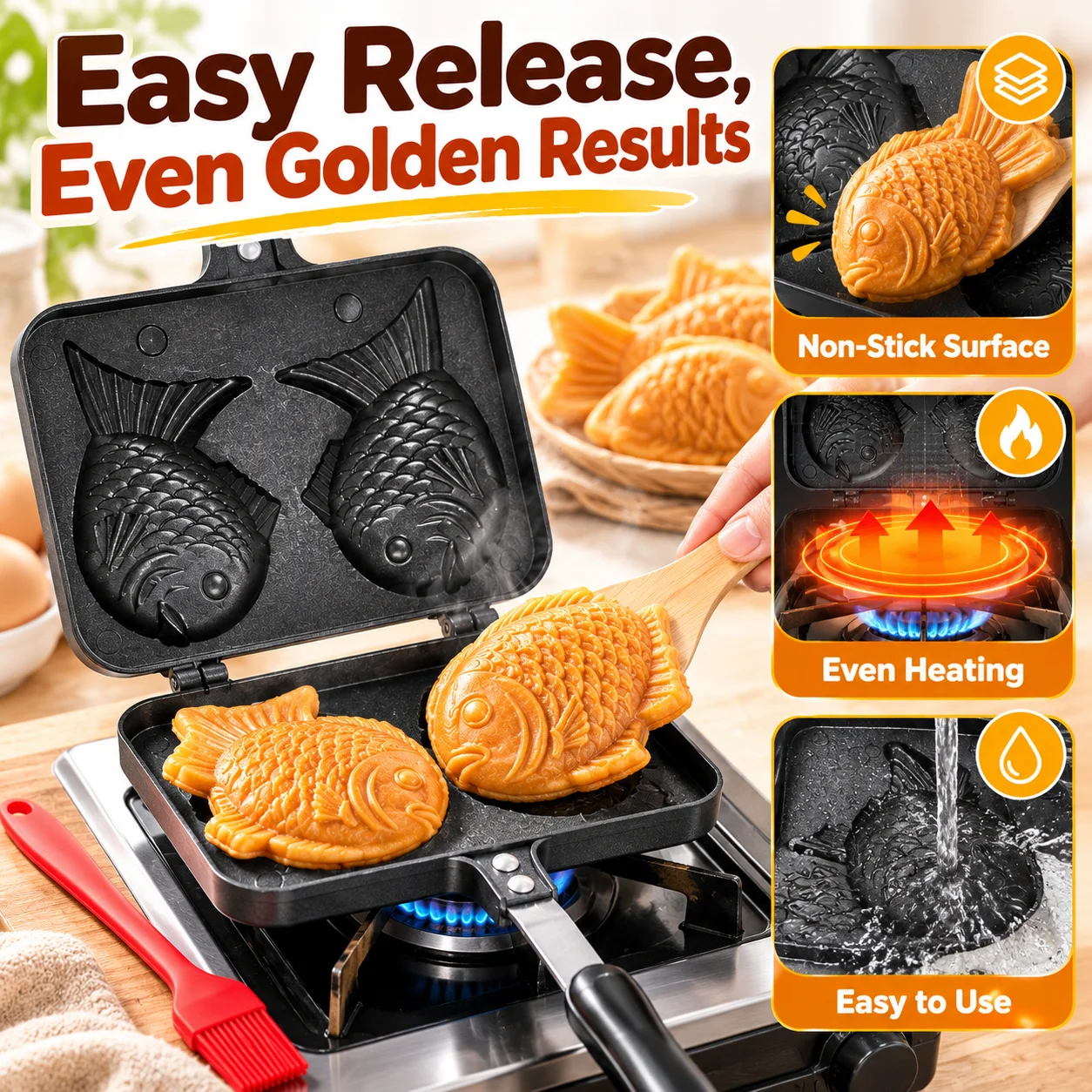 Sartén para Taiyaki con 2/4 orificios, máquina para hacer gofres con forma de pez japonés, molde para pasteles de doble cara, sartén para hornear, apta para cocinas de gas.