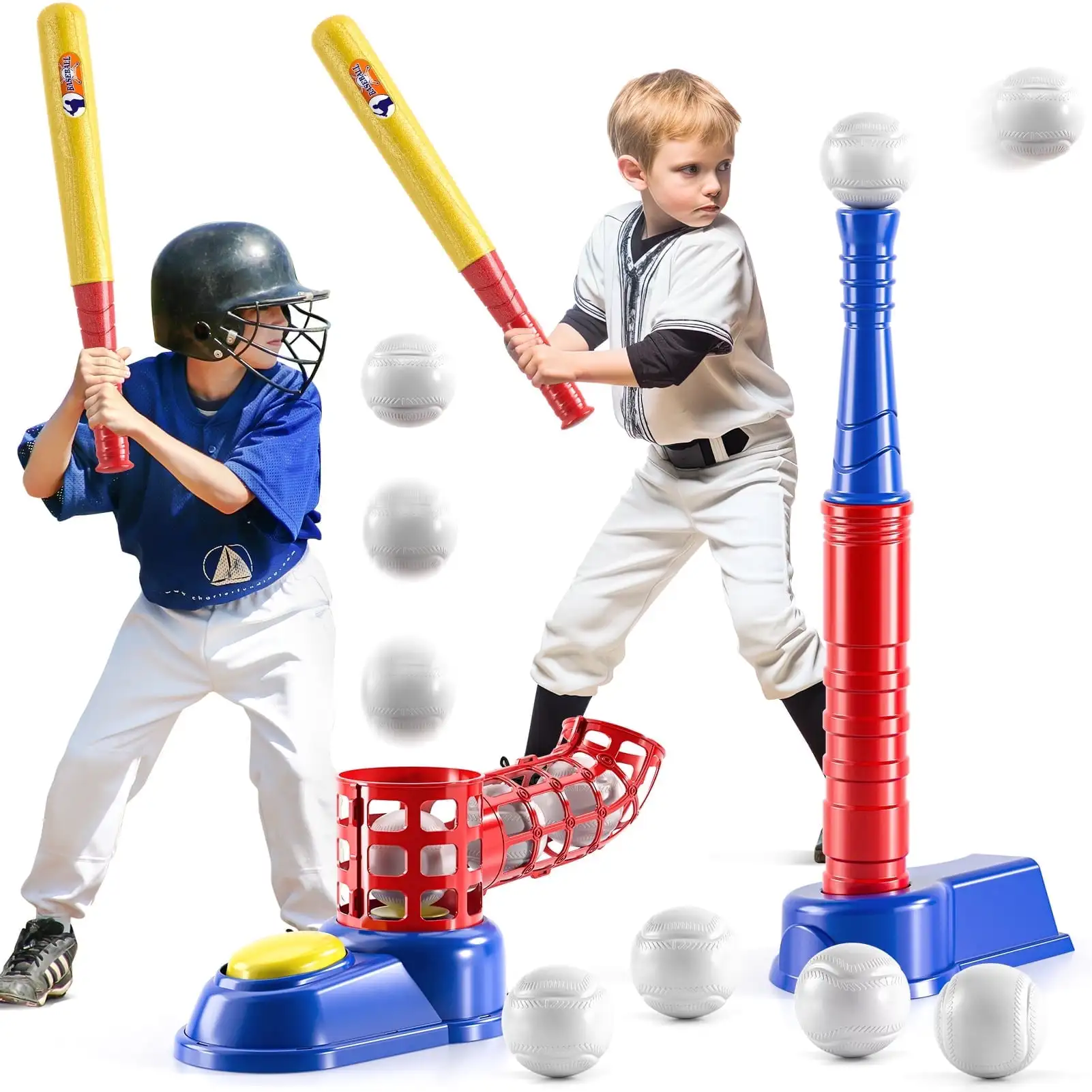 2 in 1 Tee Ball Set for Kids Baseball T-Ball Set with 10 Balls Step on Pitching Machine Batting Tee Outdoor Sport Toy Games Gift