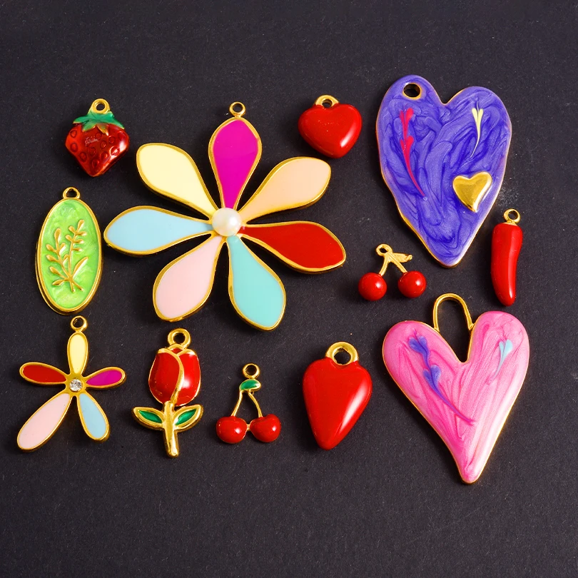 5pcs/Lot Stainless Steel Colored Drip Oil Strawberry Cherry Chili Flower Heart Pendant Accessories Handmade Diy Necklace Earring