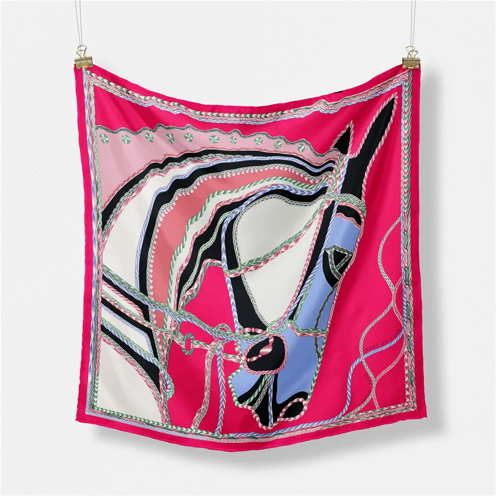 53*53CM Twill Silk Scarf Women Horse Print Square Scarf Bandana Small Hijab Foulard Ladies Tie Headband Neckerchief Accessories
