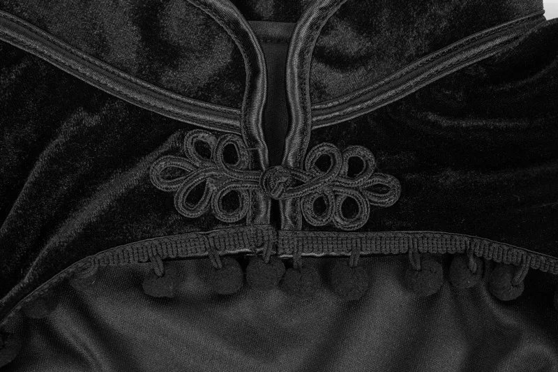 Mittelalterliche Steampunk-Jacke, Schwarze Quasten-Stehkragen-Kurzjacke, Damen-Gothic-Mantel, Nabelfreier Langarm-Retro-Slim-Fit-Mantel – Detail 7