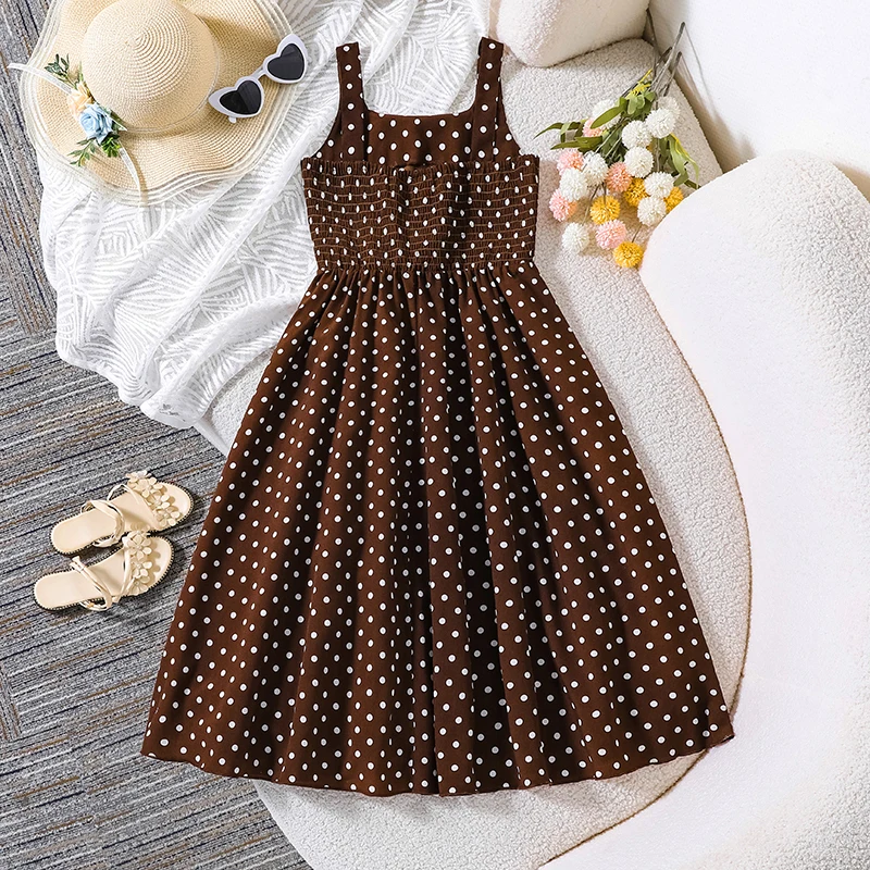 Kids Girls Casual Sundress 8-12 Years, Polka Dot Print Spaghetti Strap Smocked Waist A Line Summer Daily Wear Dress