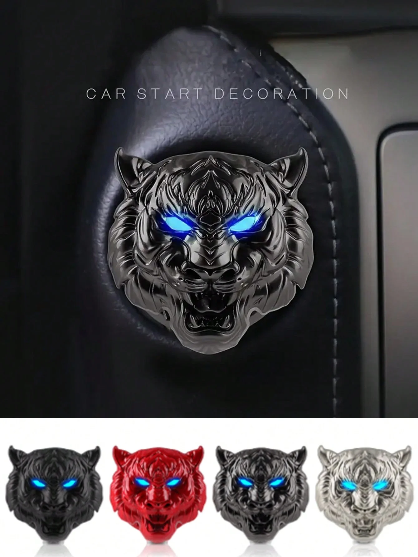 Cubierta del botón de inicio con un solo toque de cabeza de tigre: embellecedor de anillo de encendido de metal, protector y decorativo para interruptor de arranque/parada de motor de automóvil, No