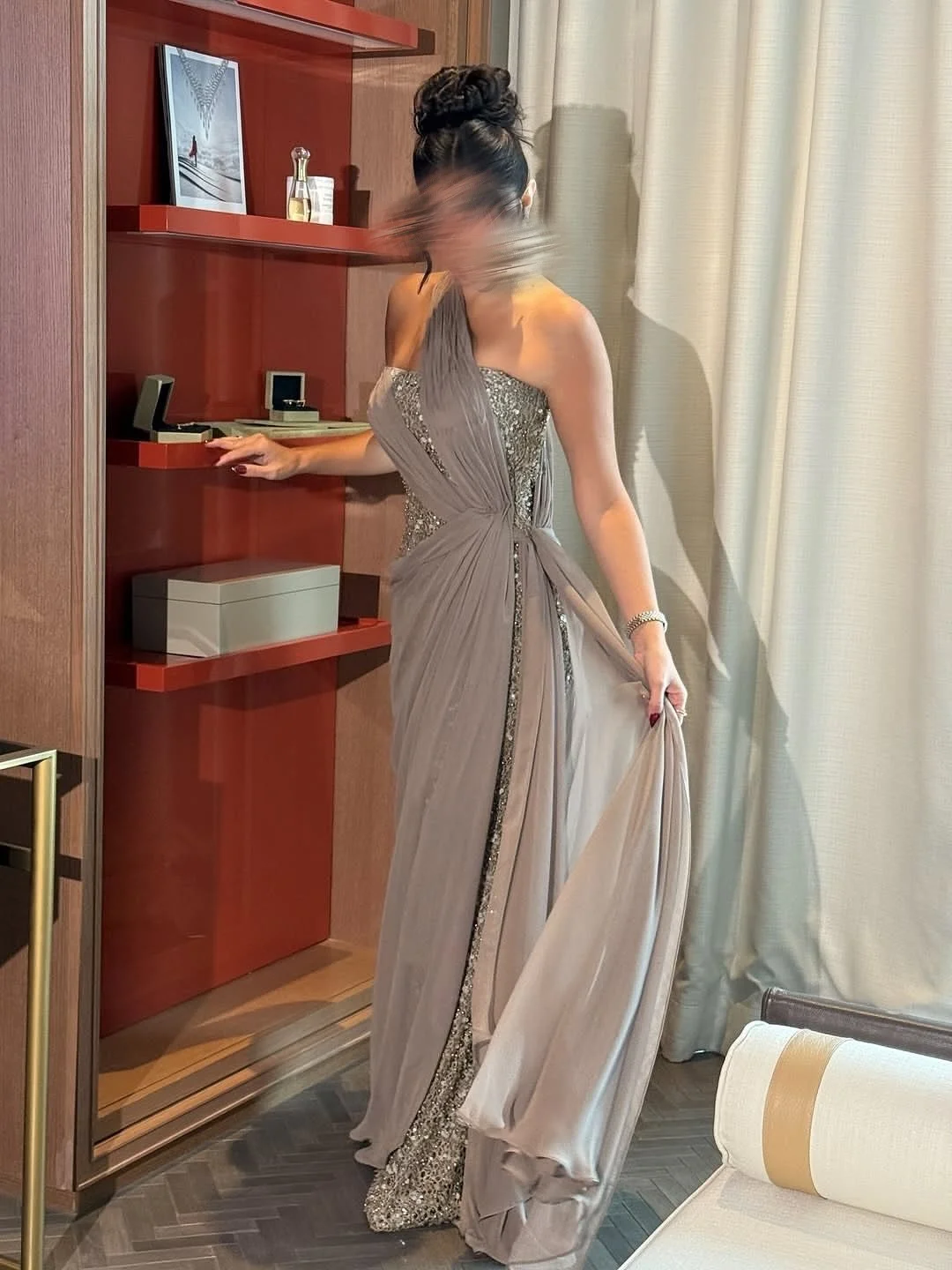 Meetlove une épaule sans manches gris gaine brillante pour les femmes longueur de plancher paillettes personnalisé dos nu robes de soirée 2025