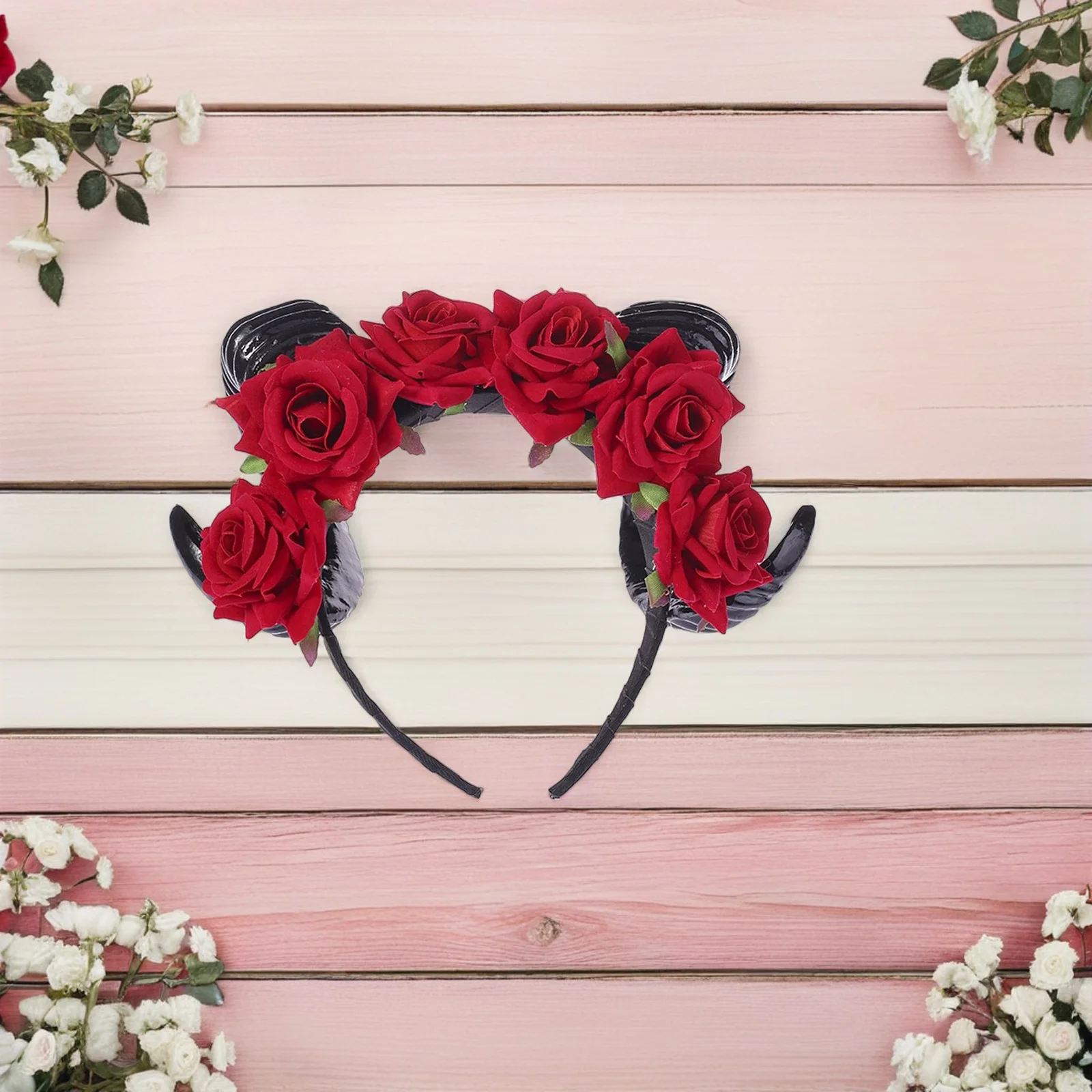 

Artificial Rose Headband Cow Horn Halloween Cosplay Lightweight Reusable Polyethylene Red Flowers Child Headwear