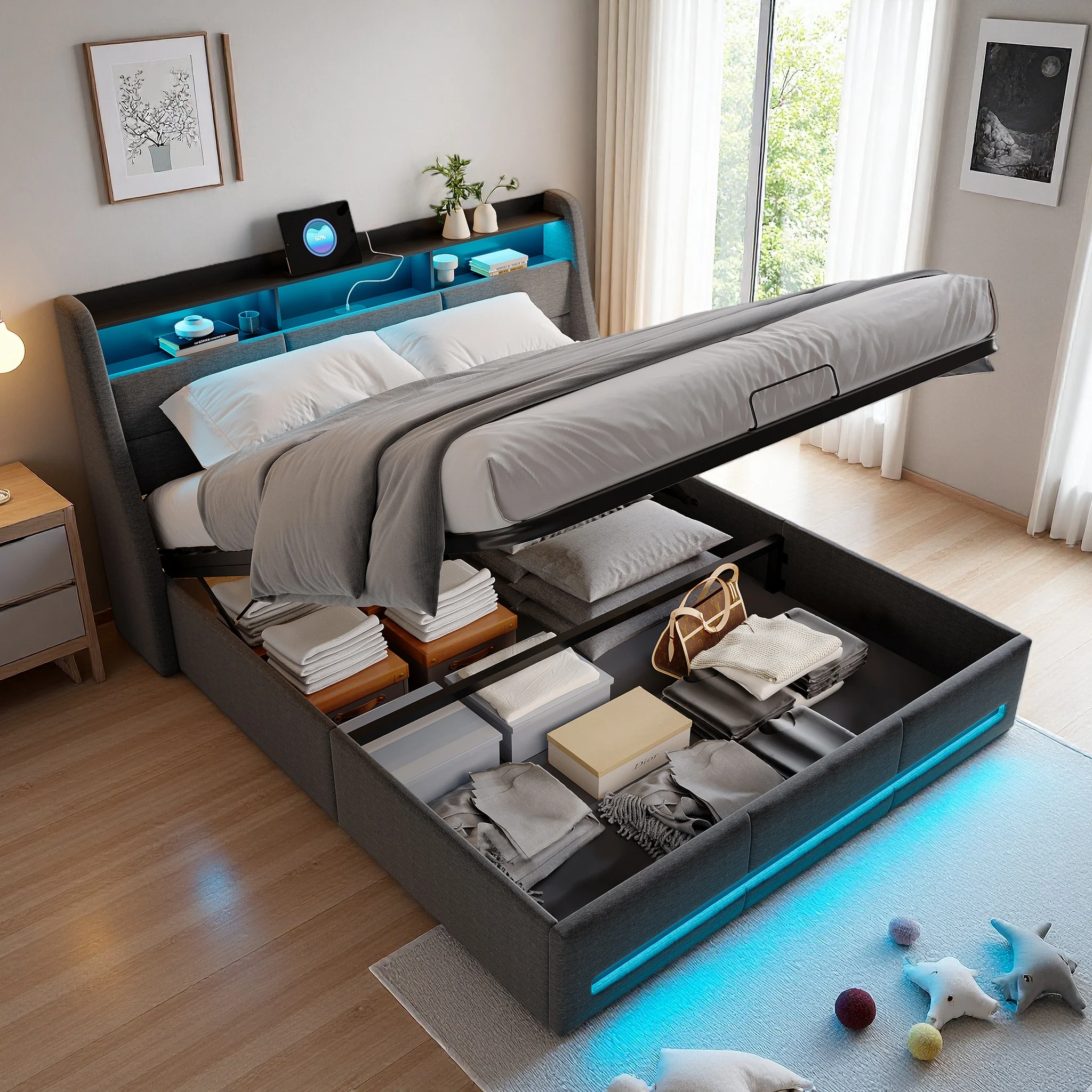 Cama hidráulica Fangange de 140 x 190 cm, cama doble tapizada con LED y USB, estructura de cama de lino con somier de láminas, gris
