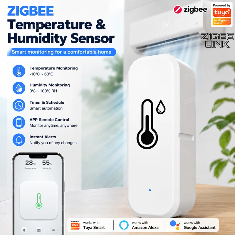 Zigbee High Precision Temperature Humidity Sensor Wireless Thermo Hygrometer APP Abnormal Alert Voice Linkage Alexa Google Alice