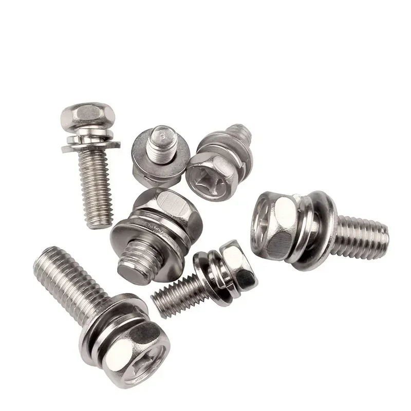 

50Pcs Stainless Steel Cross Phillips External Hex Hexagon Head SEM Screw Flat Washer Spring Gasket Assemble Bolt