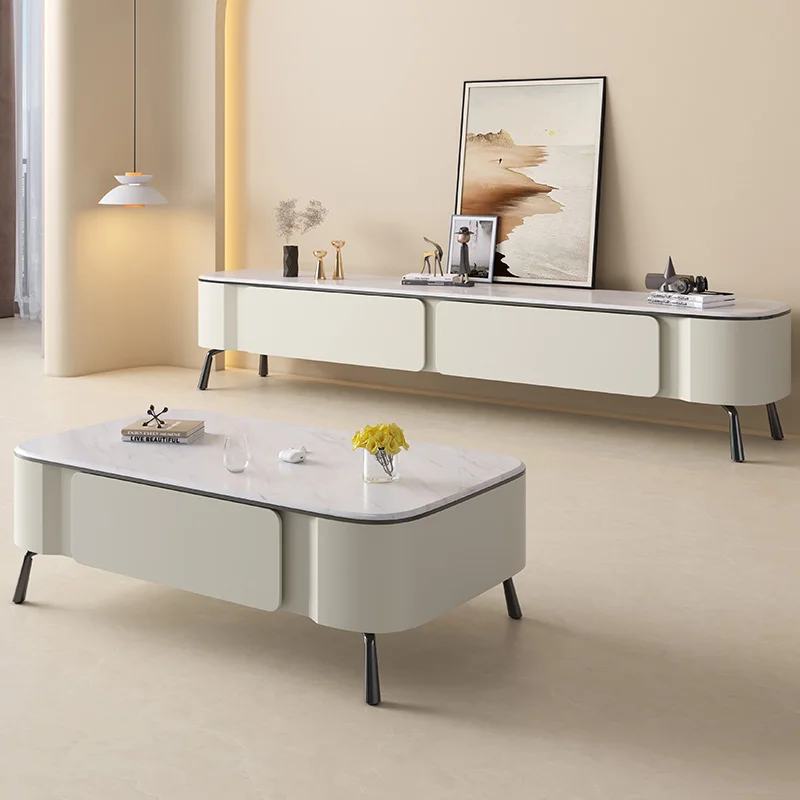 

Simple Modern Living Room Center Table Luxury Beige Coffee Table TV Stand Set Home Interior Steel Leg Tables with Storage Drawer