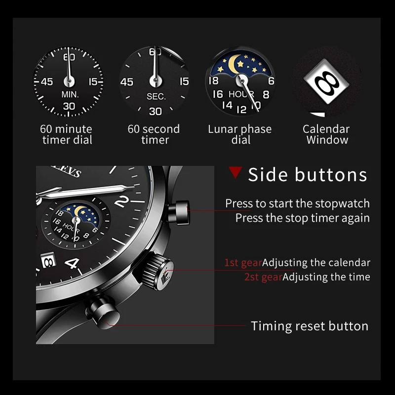 OLEVS 2882 Multifunctional Men's Quartz Watch Leather Strap 42mm Big Dial Moon Phase Waterproof Classic Quartz Watches for Men