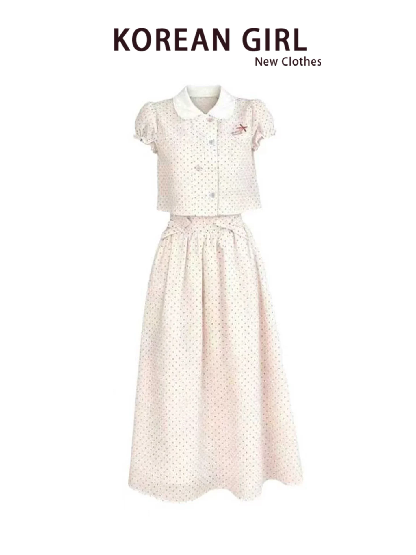 Sweet Summer Polka Dot Shirt And Half Skirt Women's Pink Two-Piece Set Casual Style Short Sleeve Bubble Sleeve High Waist Design