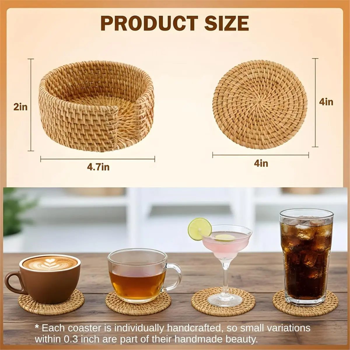 AT16 Handwoven Rattan Coasters for Drinks, Boho Wood Cup Coasters with Holder for Tabletop Protection, Vintage Coaster 6pcs