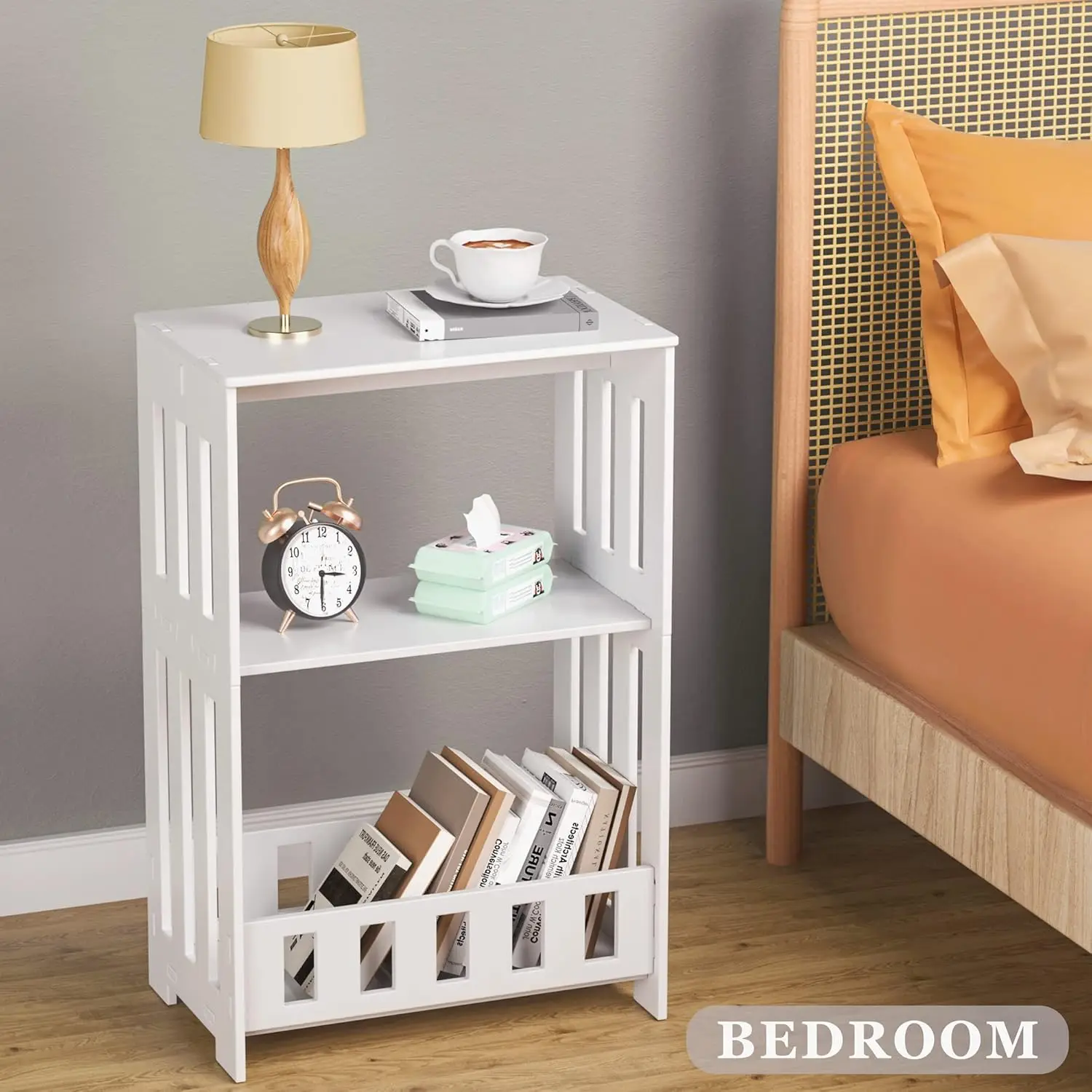 Side Table Nightstand Set of 2, 3-Tier Narrow End Table with Display Shelf, Simple Bedside Table Storage Rack for Bedroom