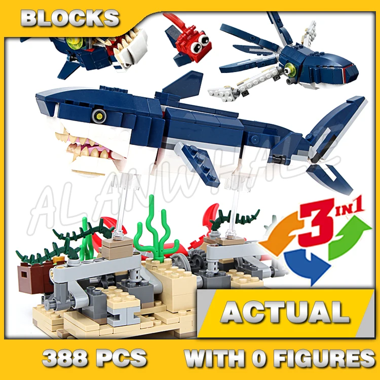 

388pcs Creative 3in1 Deep Sea Creatures Dark-blue Shark Crab Squid Angler Fish 31009 Building Blocks toy Compatible With Model