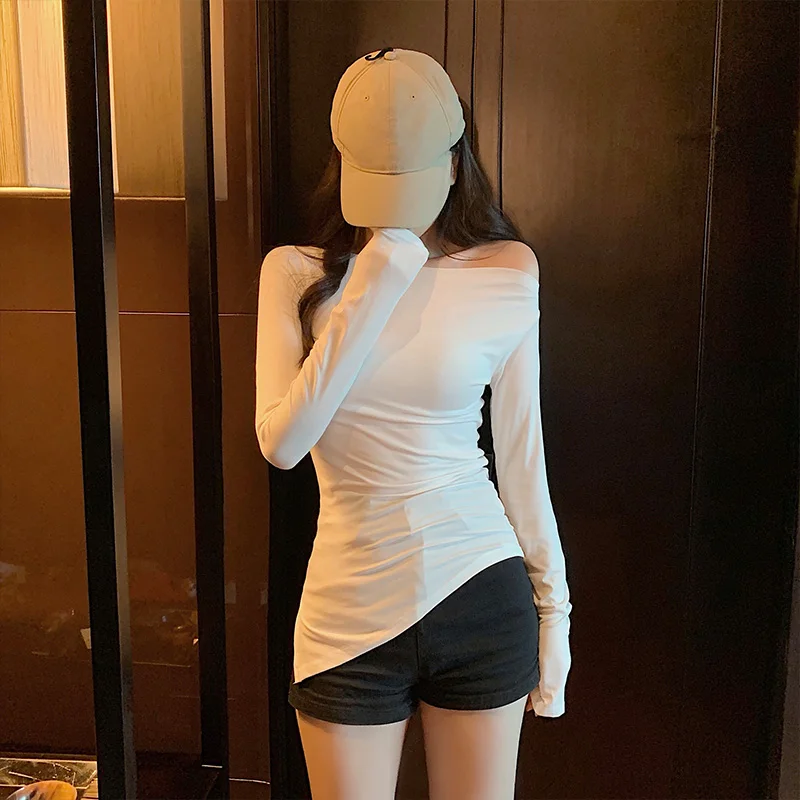 2022 Spring Women Sexy Slash Neck Irregular T shirts Girls Off Shoulder Black White Split Tees Long Sleeve Tops