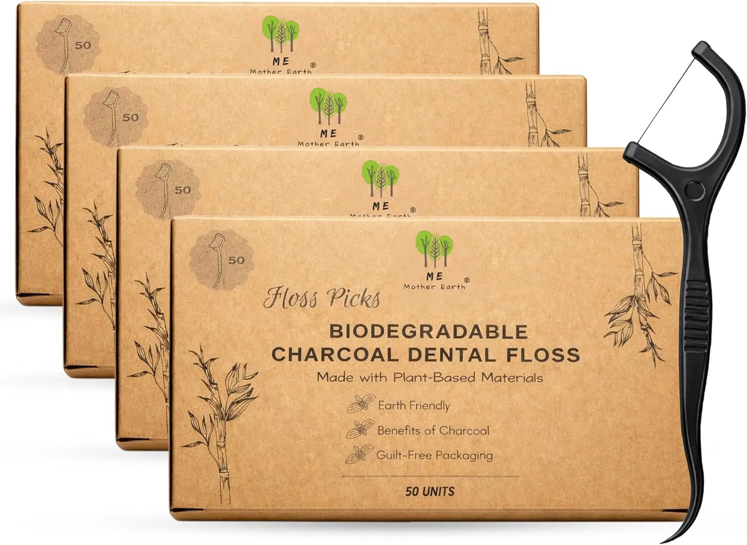 

Eco-Friendly Biodegradable Dental Floss Picks (200 Count) - Natural Charcoal, Zero Waste Oral Care
