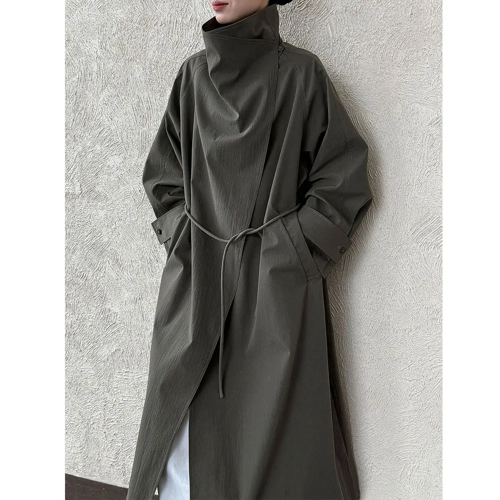Women Autumn Vintage Long Trench Coat High Quality Stand Collar Cotton Blending Trench Coat Femme Casaco Abrigo Streetwear