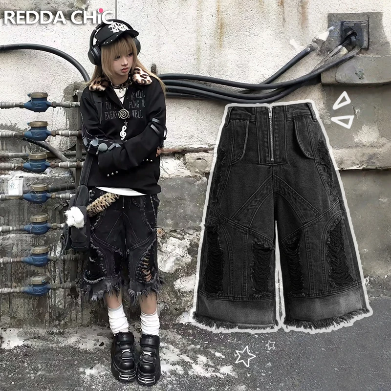 ReddaChic Shorts de mezclilla para mujer, de pierna ancha, con borde sin rematar, estilo punk, con efecto envejecido, de cintura baja, holgados, tipo Bermuda, estilo grunge, hiphop y streetwear, para verano