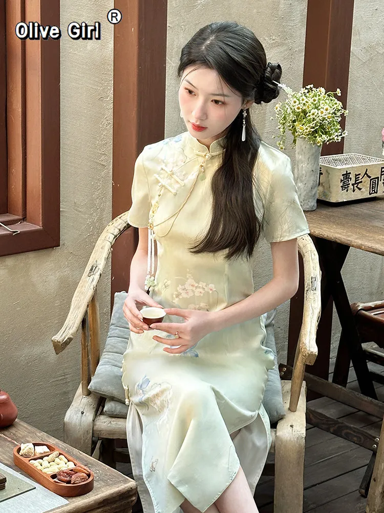 

Olivegirl 2026 Summer Dress Qipao Printing Flower Green Chinese Cheongsams Elegant Women' Clothing