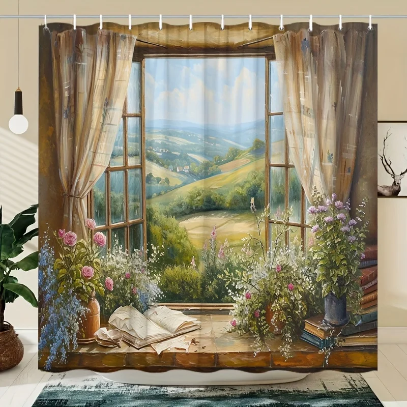 

window view countryside shower curtain with open window and floral garden for cozy bathroom decor Free Hooks Included QuickSetup