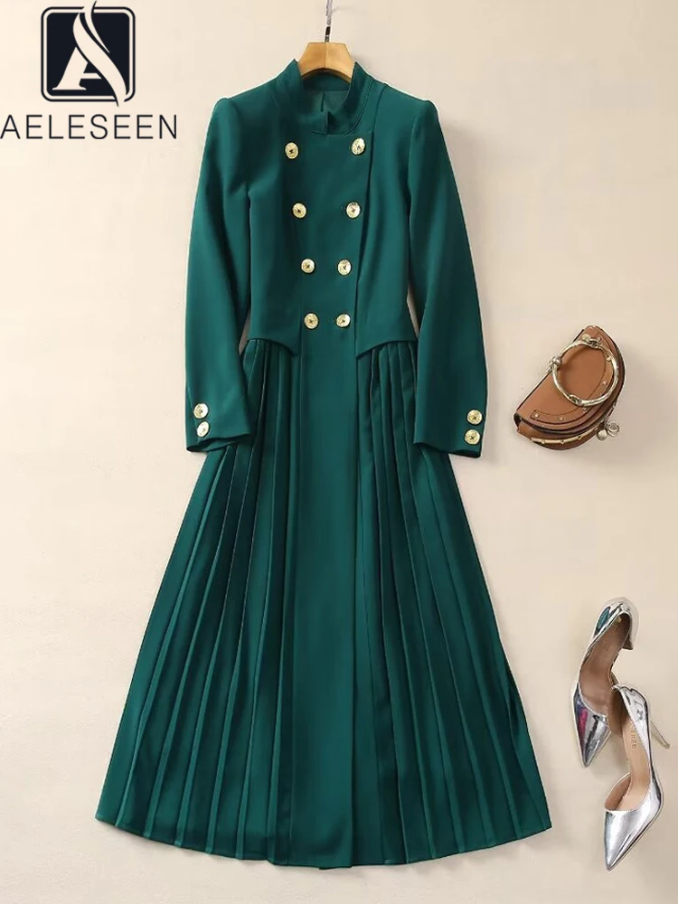 

AELESEEN Runway Fashion Spring Summer New Women's Stand Collar Long Sleeved Double Breasted Folding Pleated Elegant Party