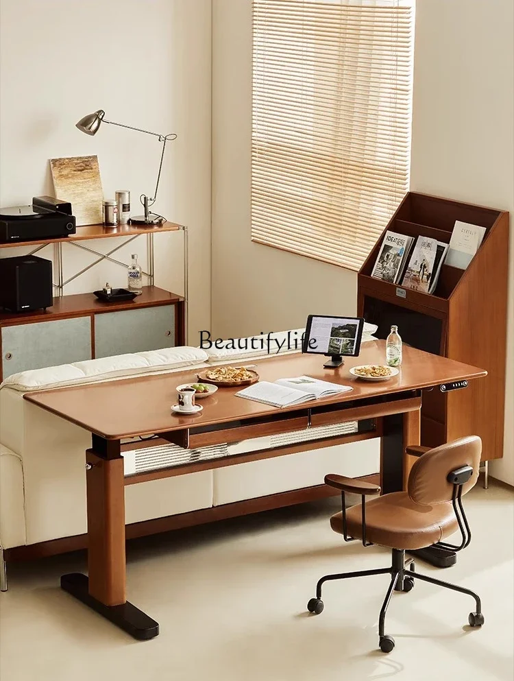 

yj5 Retro solid wood electric lifting table boxwood medieval desk can be lifted