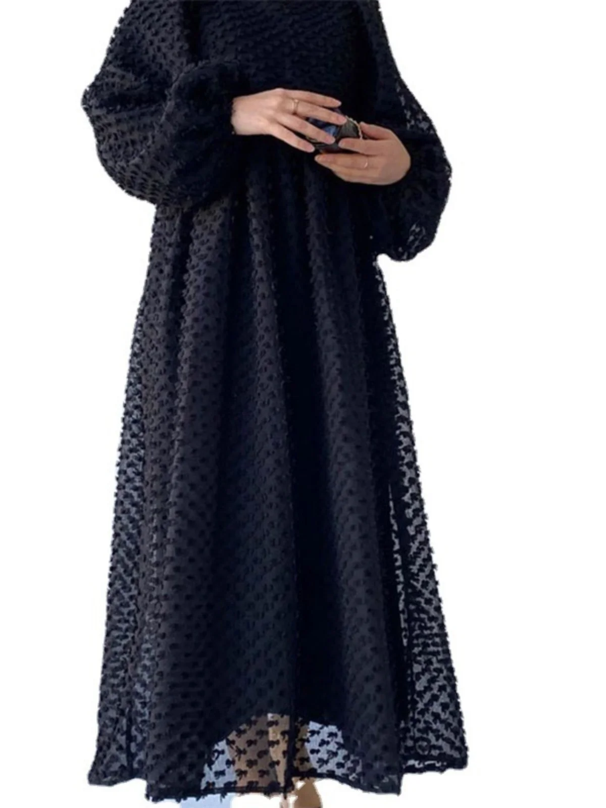 뉴 패션 라지 스윙 드레스 블랙 여성용 단색 라운드 넥 랜턴 슬리브 롱 크로스보더 드레스