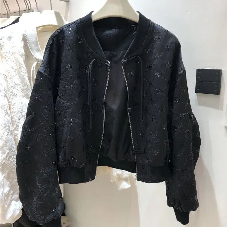 

New Black Printed Button Sequin Baseball Collar Short Jacket For Women's 2024 Spring And Autumn Season Jacket Fashion