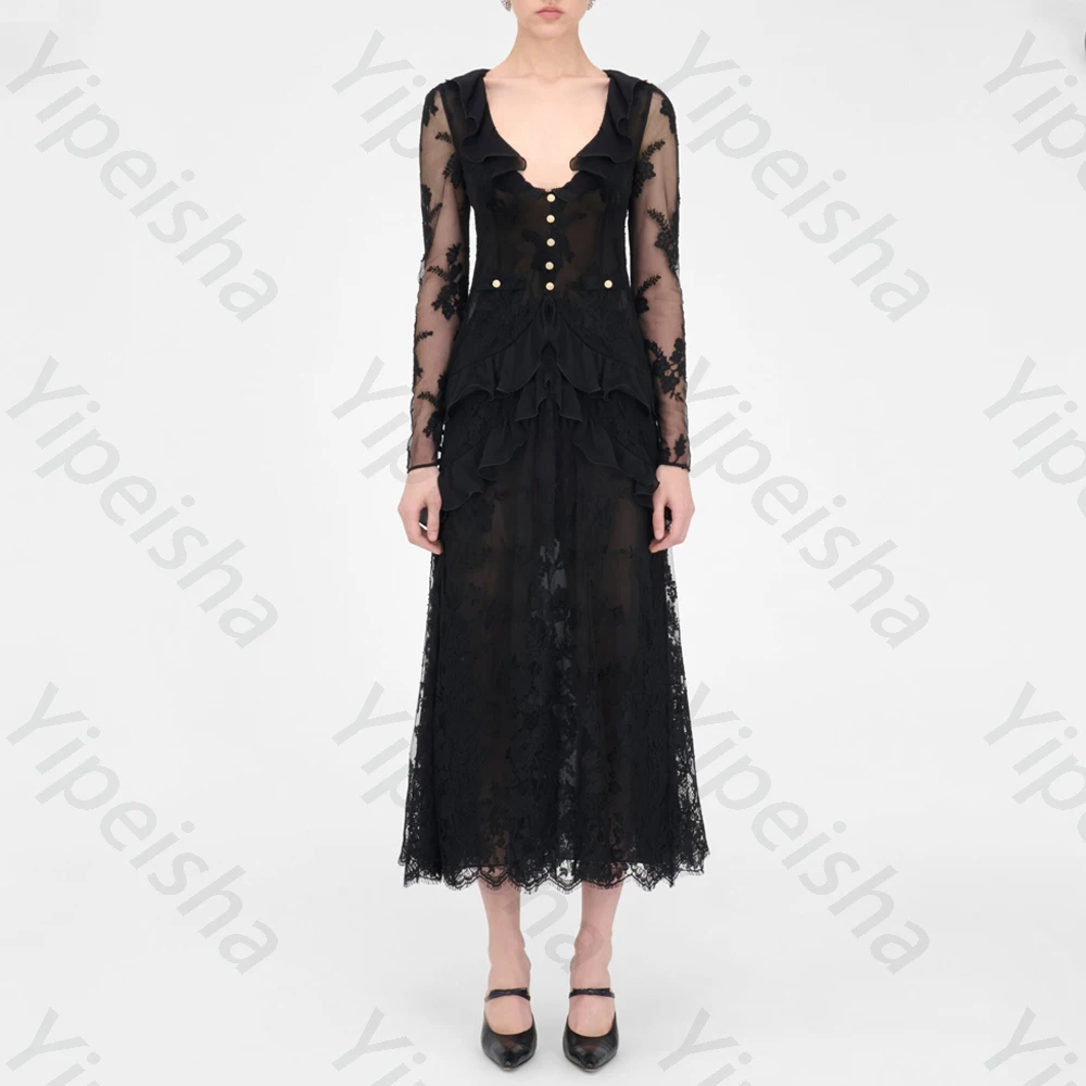 

Sexy Long Sleeves Lace Evening Dresses Elegant Tiered Celebrity Dress Exquisite High Quality Prom Party Gowns Women Customized