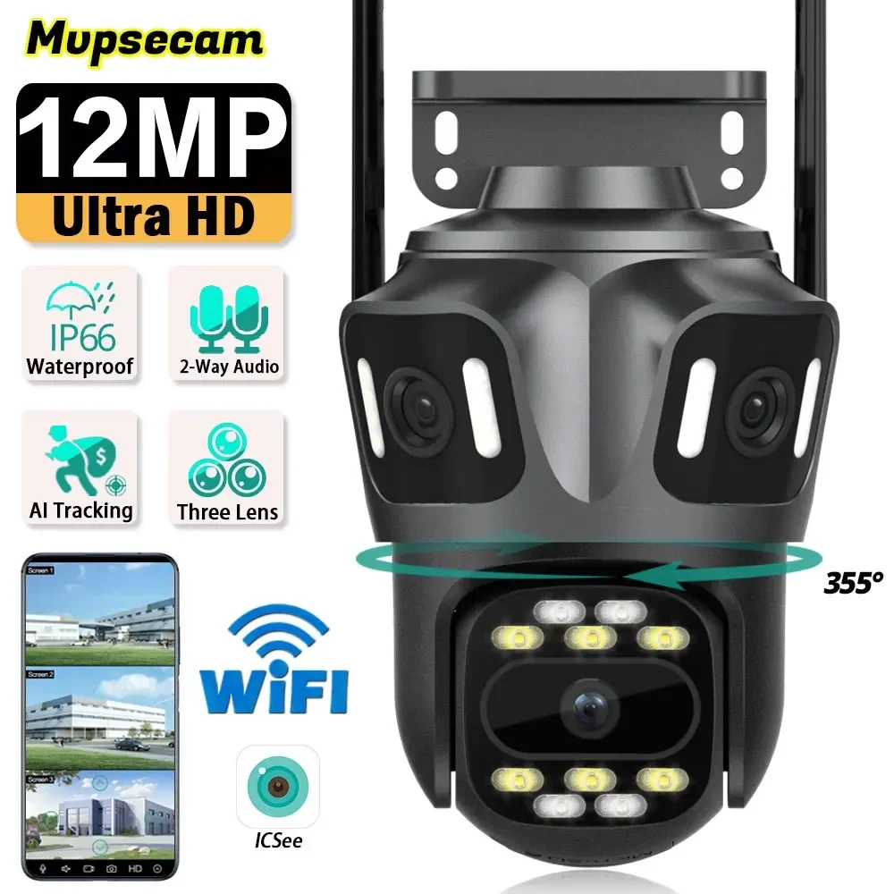 

ICSee Камера наблюдения с тремя объективами Wi-Fi 12 МП 6K Открытый 360° ° Беспроводные водонепроницаемые IP-камеры видеонаблюдения для умного дома PTZ P2P