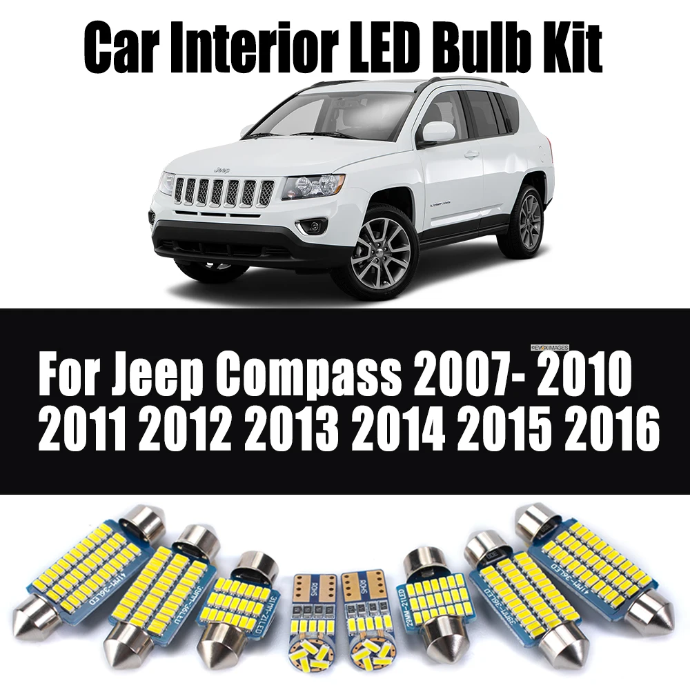 9Pcs LED Interior Reading License Plate Light Kit For Jeep Compass 2007- 2010 2011 2012 2013 2014 2015 2016 Map Dome Trunk Bulb