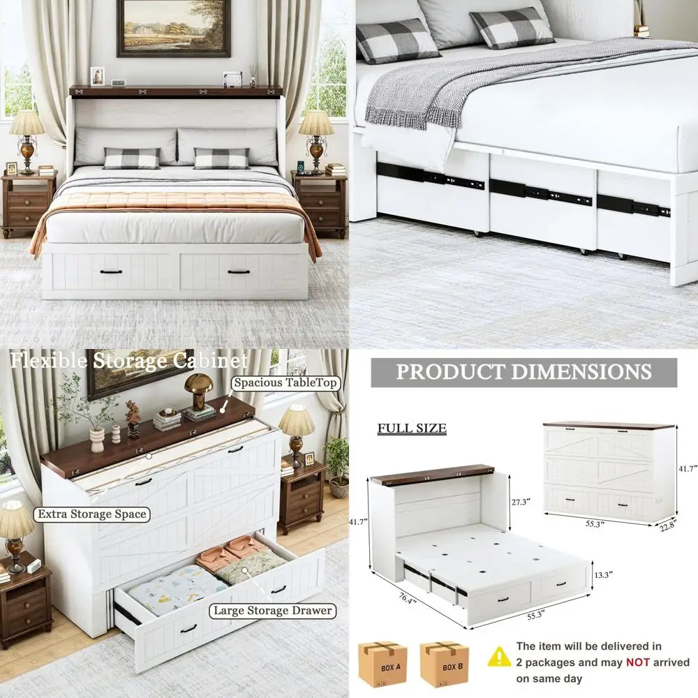 

ull Murphy Bed with Storage & Charging Station, armhouse Murphy Cabinet Bed with Large Der, Hideaway oldable Platorm Bed or or G